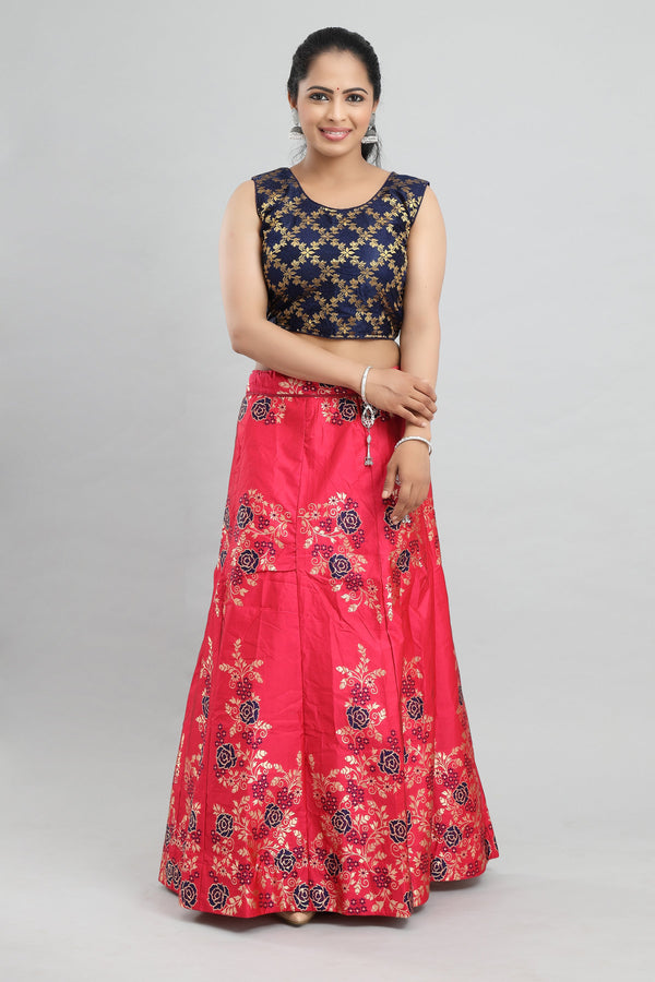 Women's Banarasi Pink Floral Brocade Lehenga With Ready Made Blouse, Brocade Dupatta, Cane And Lining. - MANOHARA