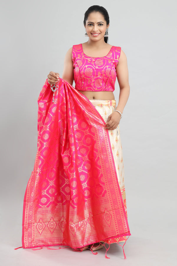 Women's Banarasi Tickle Me Lehenga With Ready Made Blouse, Brocade Dupatta, Cane And Lining. - MANOHARA