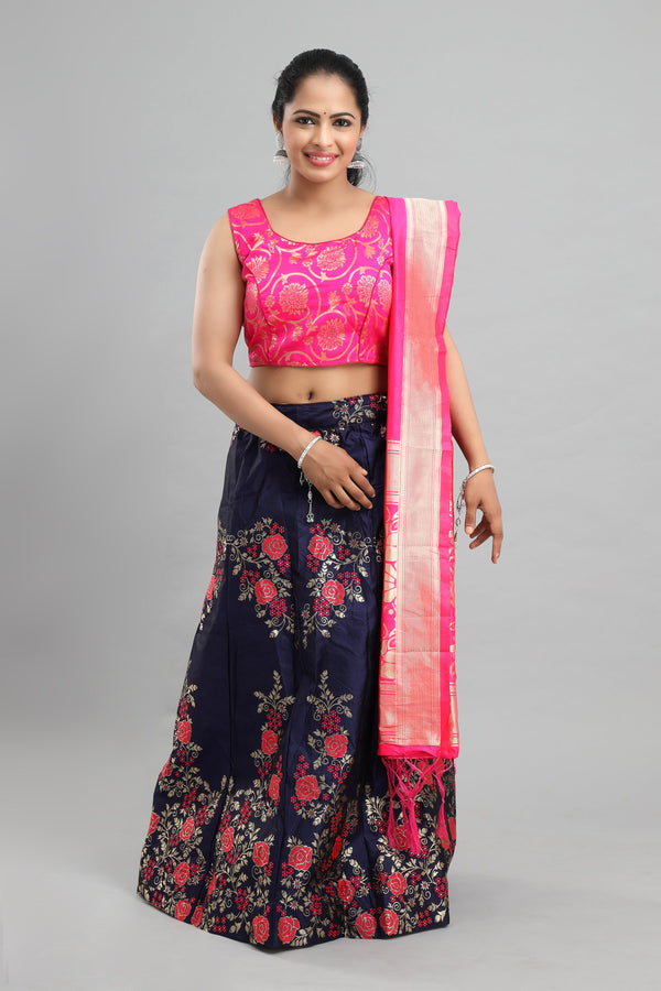 Women's Banarasi Blue Floral Lehenga With Ready Made Blouse, Brocade Dupatta, Cane And Lining. - MANOHARA