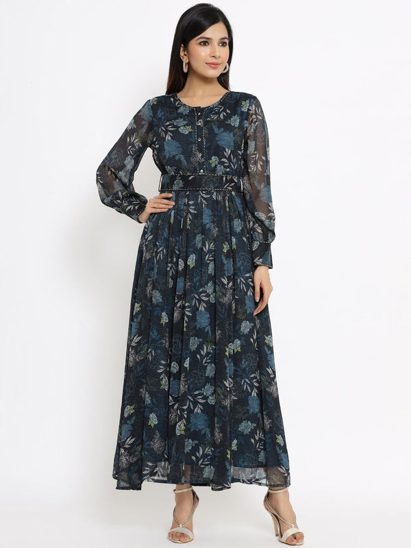 Women's Flared Printed Dress With Tie-up Blet - Juniper