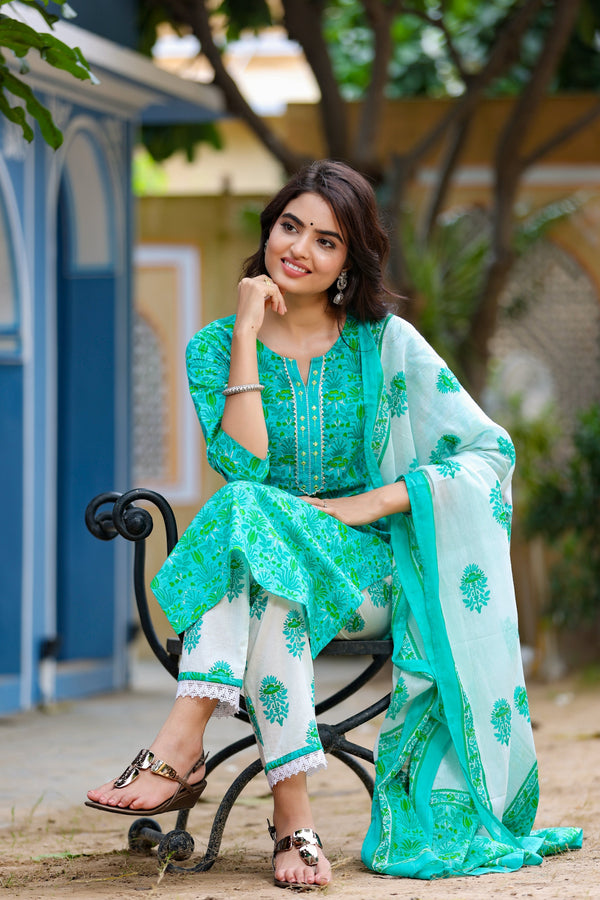 Women's Green & Offwhite Handblock Printed Kurta Set - Yufta