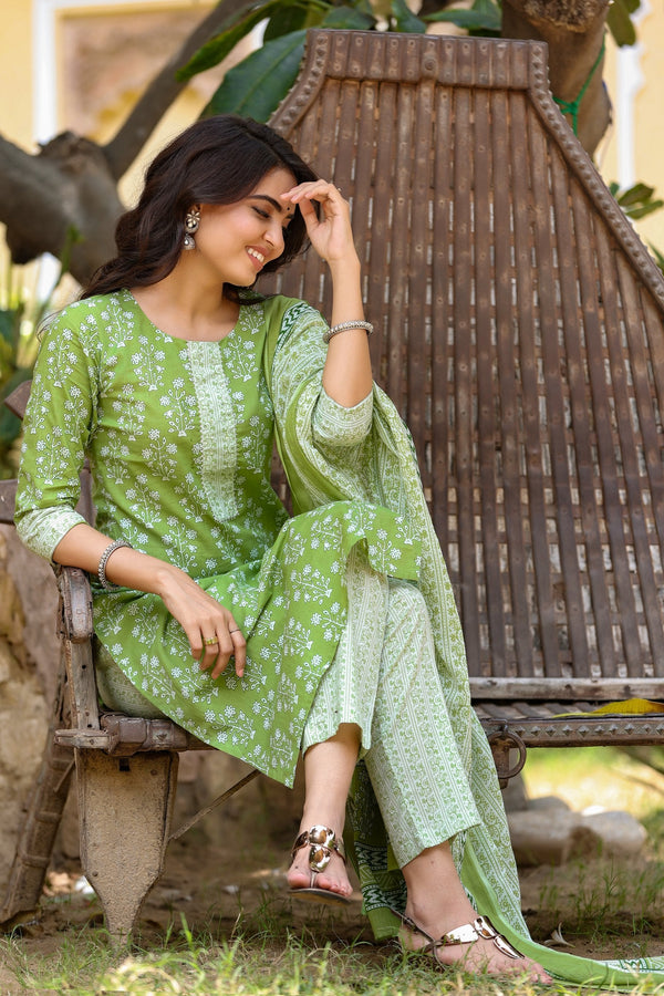 Women's Green & Offwhite Handblock Printed Kurta Set - Yufta