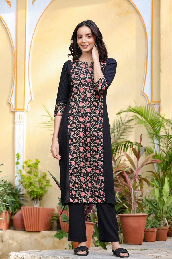 Women's Black & Pink Printed Kurta Set - Yufta