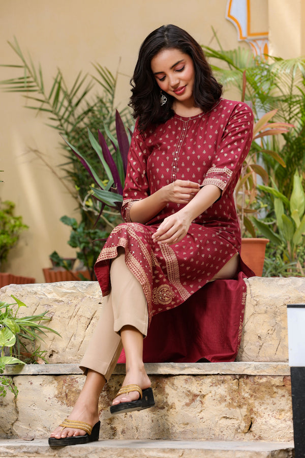 Women's Marroon Printed Kurta - Yufta