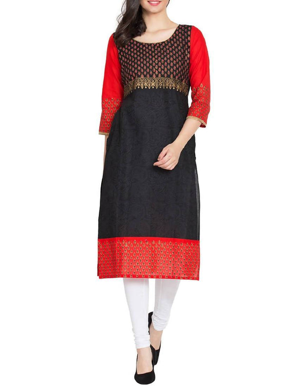 Women's Black & White Hand Block Print Straight Kurta Only - Cheera