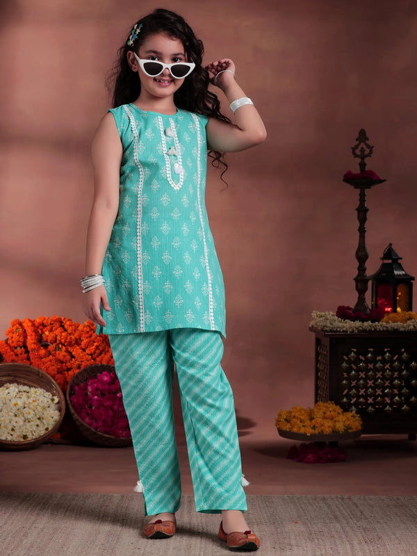 Kids Blue Printed Cotton Straight Top With Trousers