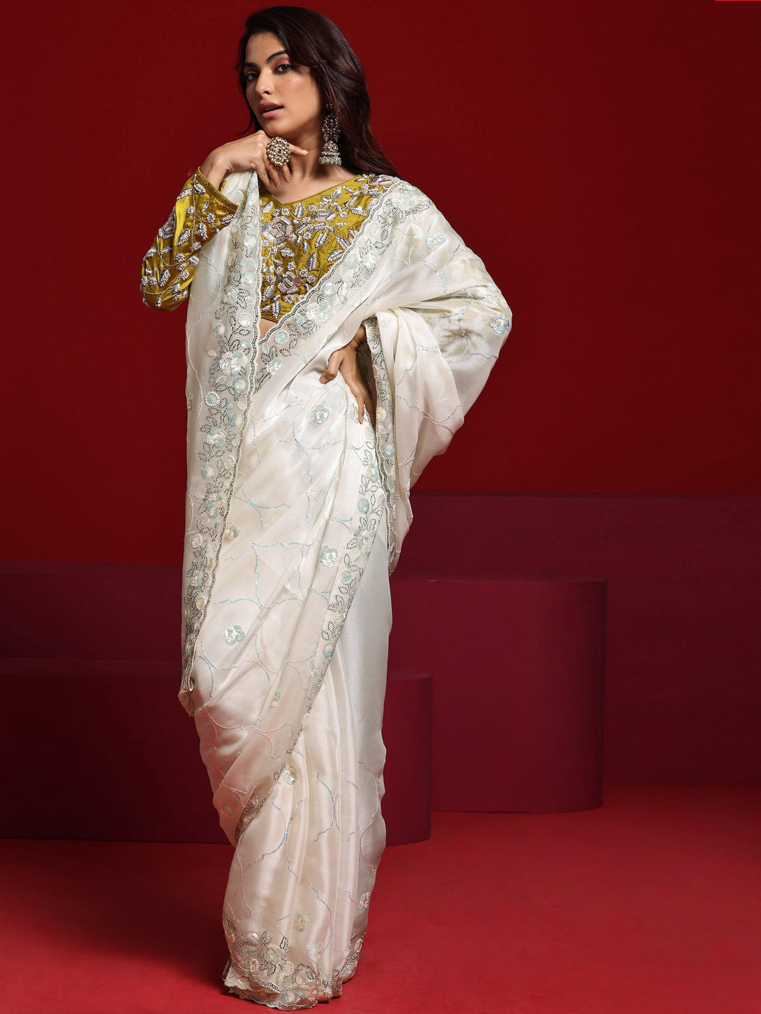 Jashvi Art Off White Embellished Tissue Saree With Unstitched Blouse Piece - Jashvi