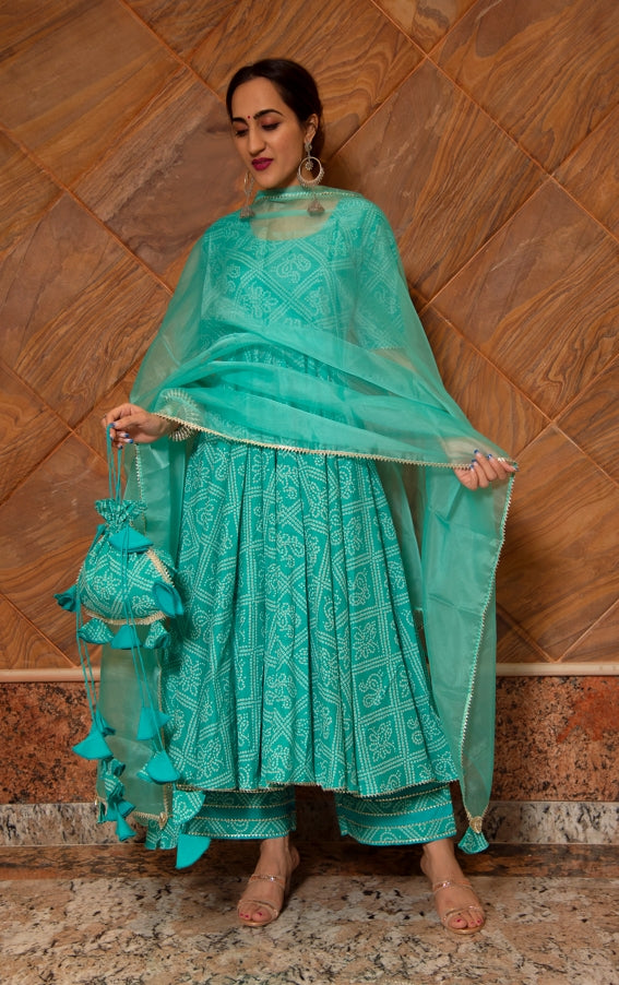 Women's Bandhej Tiffany Blue Cotton Anarkali Set - Pomcha Jaipur