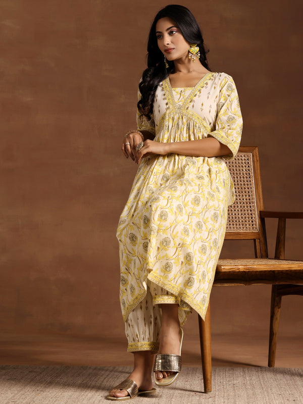 Yellow Printed Cotton A-Line Kurta With Salwar