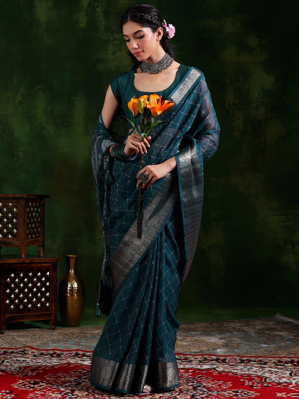 Blue Printed Silk Blend Saree With Unstitched Blouse Piece