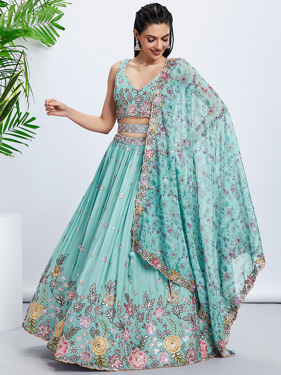 Women's Blue Chiffon Sequins And Thread Embroidery  Lehenga Choli & Dupatta - Royal Dwells