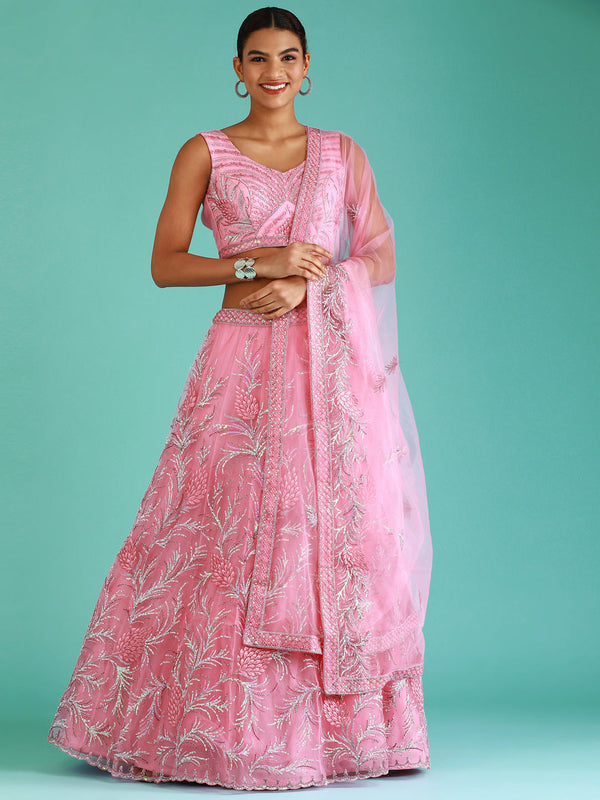 Women's Pink Net Sequince Work Lehenga & Blouse, Dupatta - Royal Dwells