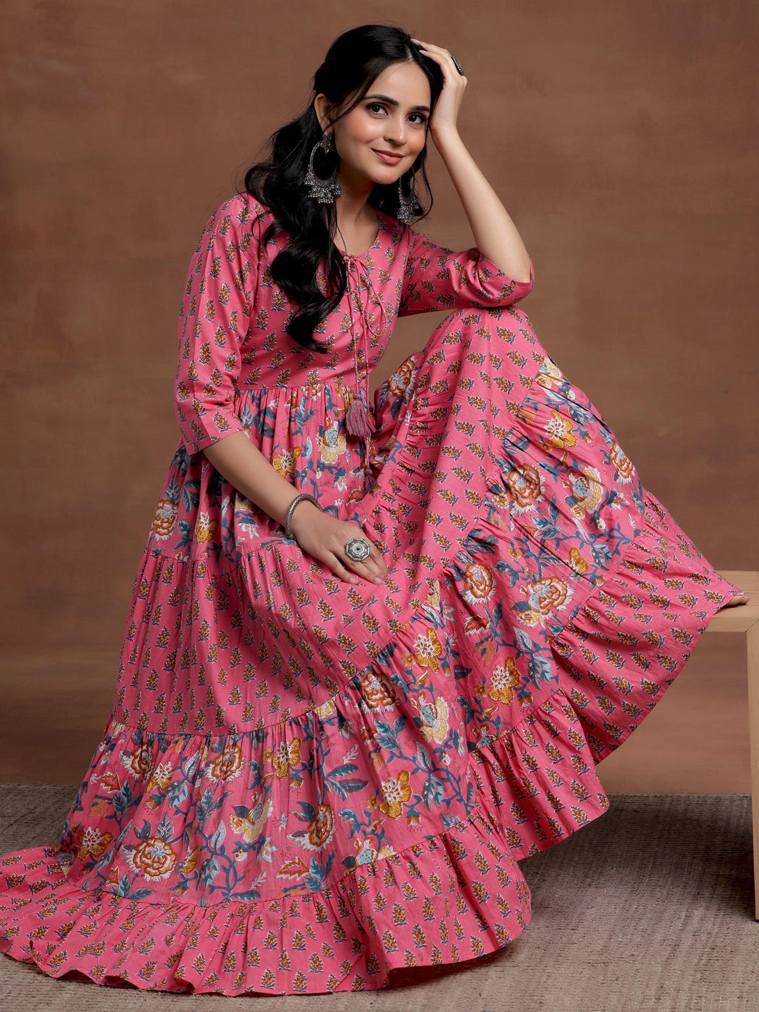 Pink Printed Cotton A-Line Dress - Jashvi