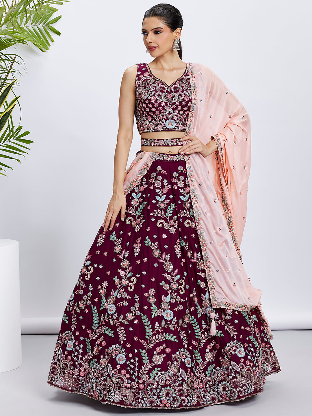 Women's Burgundy Pure Georgette Sequins And Thread Embroidery Lehenga Choli & Dupatta - Royal Dwells