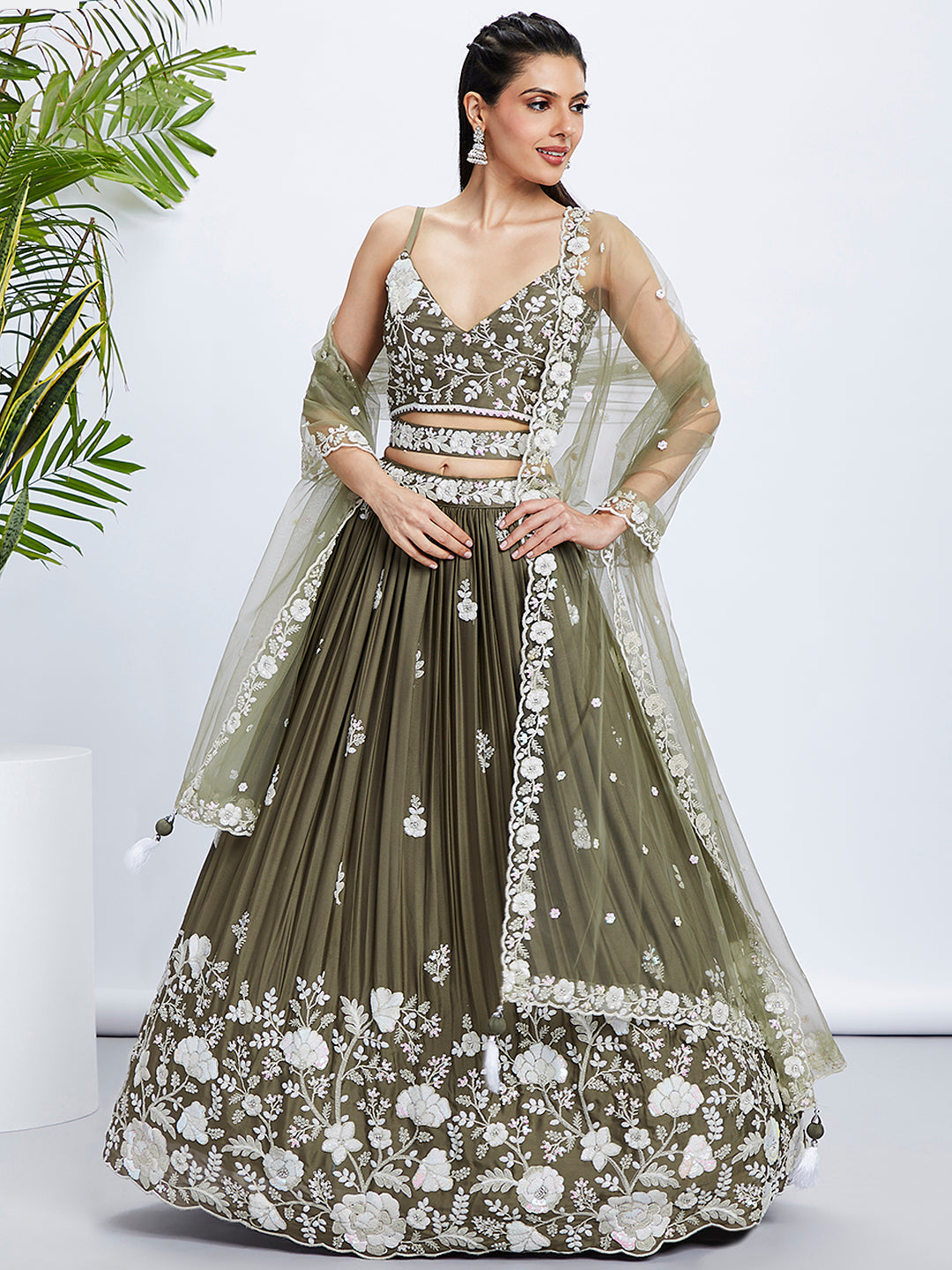 Women's Green Sequins, Mirror And Thread Embroidery  Lehenga Choli - Royal Dwells