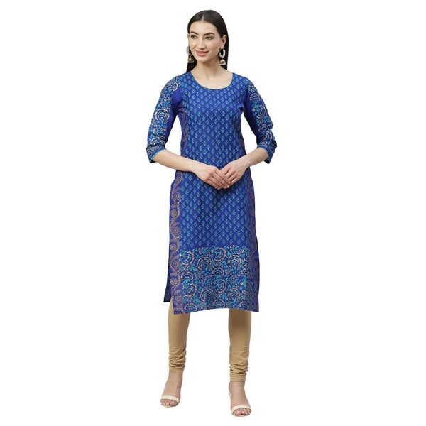 Women's Blue Cotton Printed 3/4 Sleeve Round Neck Casual Kurta Only - Myshka