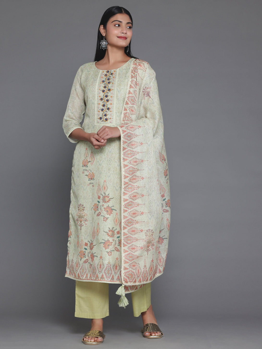 Green Printed Cotton Straight Suit With Dupatta - Jashvi