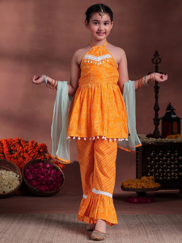 Kids Mustard Printed Cotton A-Line Top With Palazzos & Dupatta