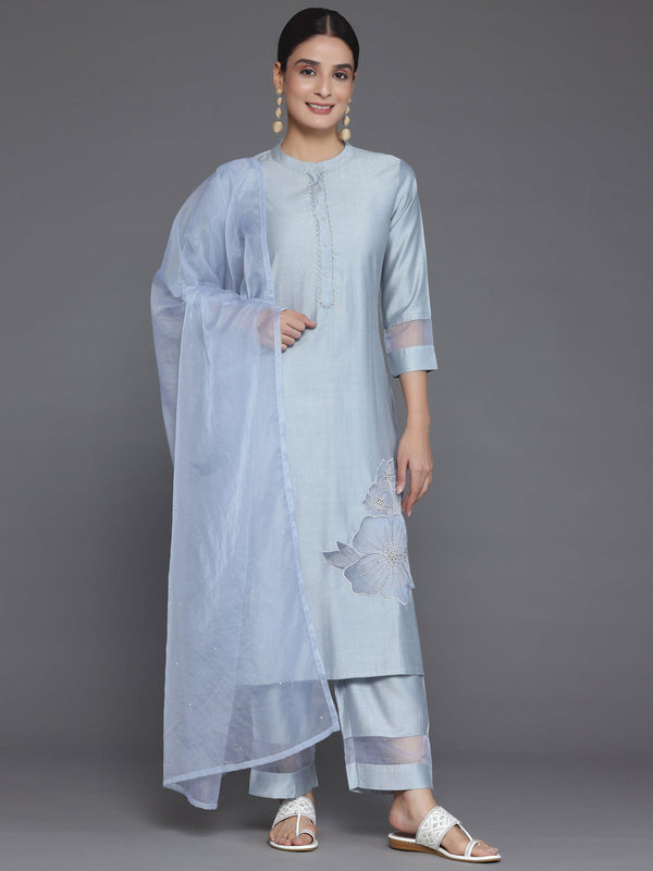 Grey Solid Silk Blend Straight Suit With Dupatta - Jashvi