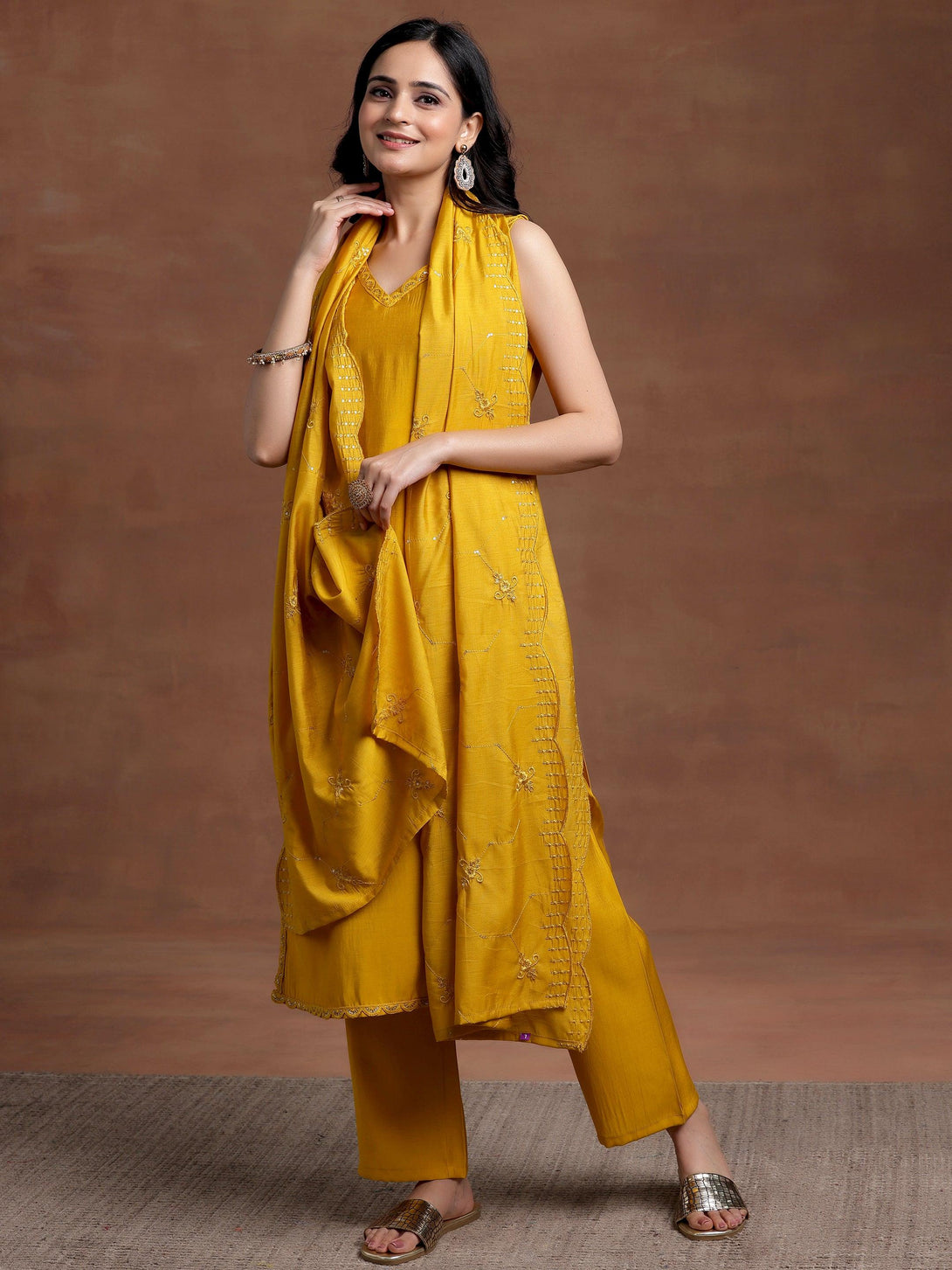 Mustard Solid Silk Blend Straight Suit With Dupatta - Jashvi