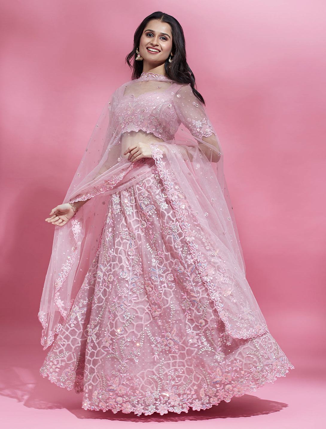 Women's Pink Color Net Sequins Work  Lehenga - Royal Dwells