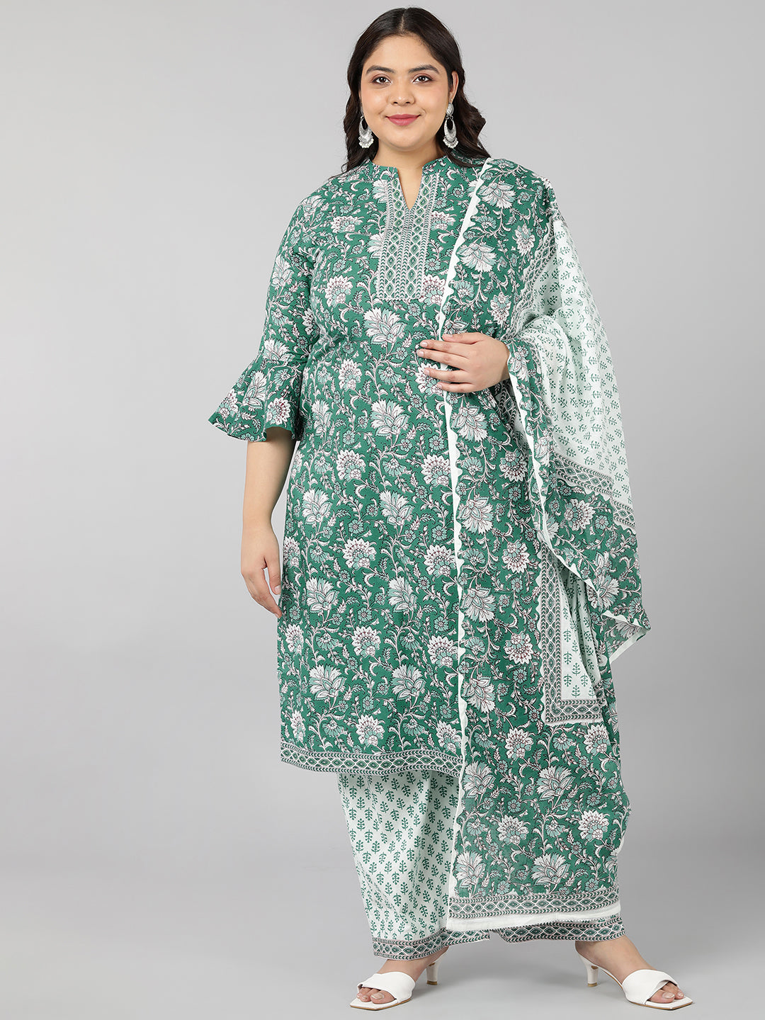 Women's Cotton Printed Flared Kurta Set (Green) - Kipek