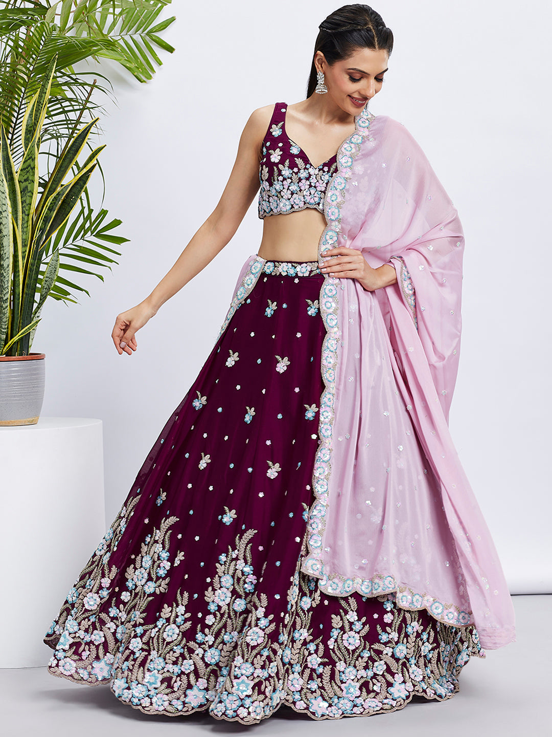 Women's Burgundy Pure Grorgette Sequins And Thread Embroidery Lehenga Choli & Dupatta - Royal Dwells