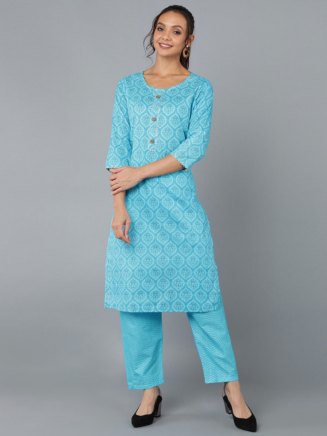 Women's Cotton Blend Printed Straight Kurta Set (Blue) - Kipek