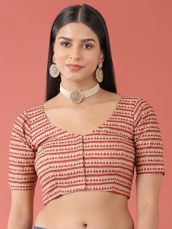 Women's Maroon-Toned Cotton Silk Applied Foil And Tribal Pattern Print Readymade Blouse - Royal Dwells