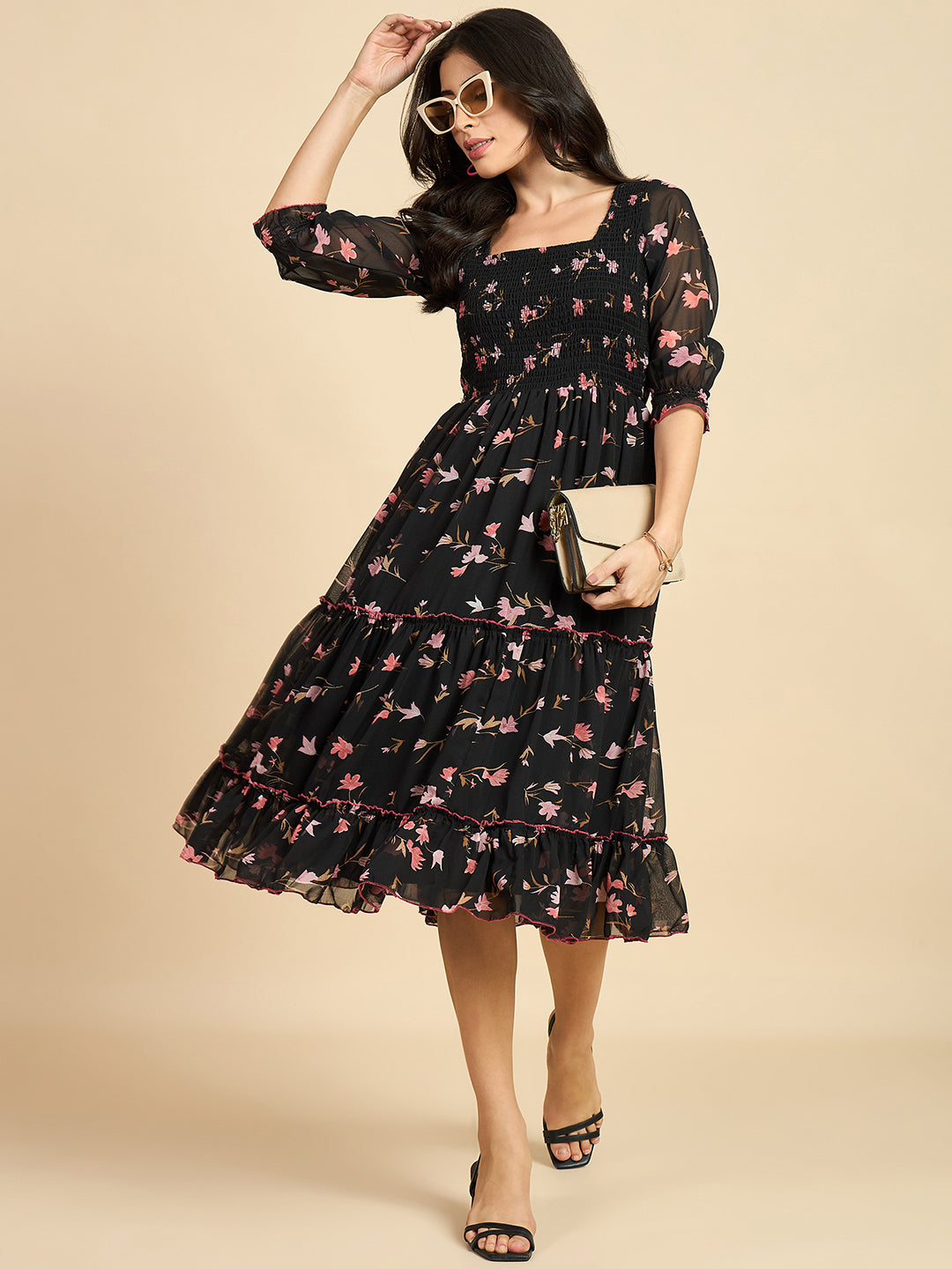 Women's Black Georgette Floral Printed Fit & Flared Dress - Azira