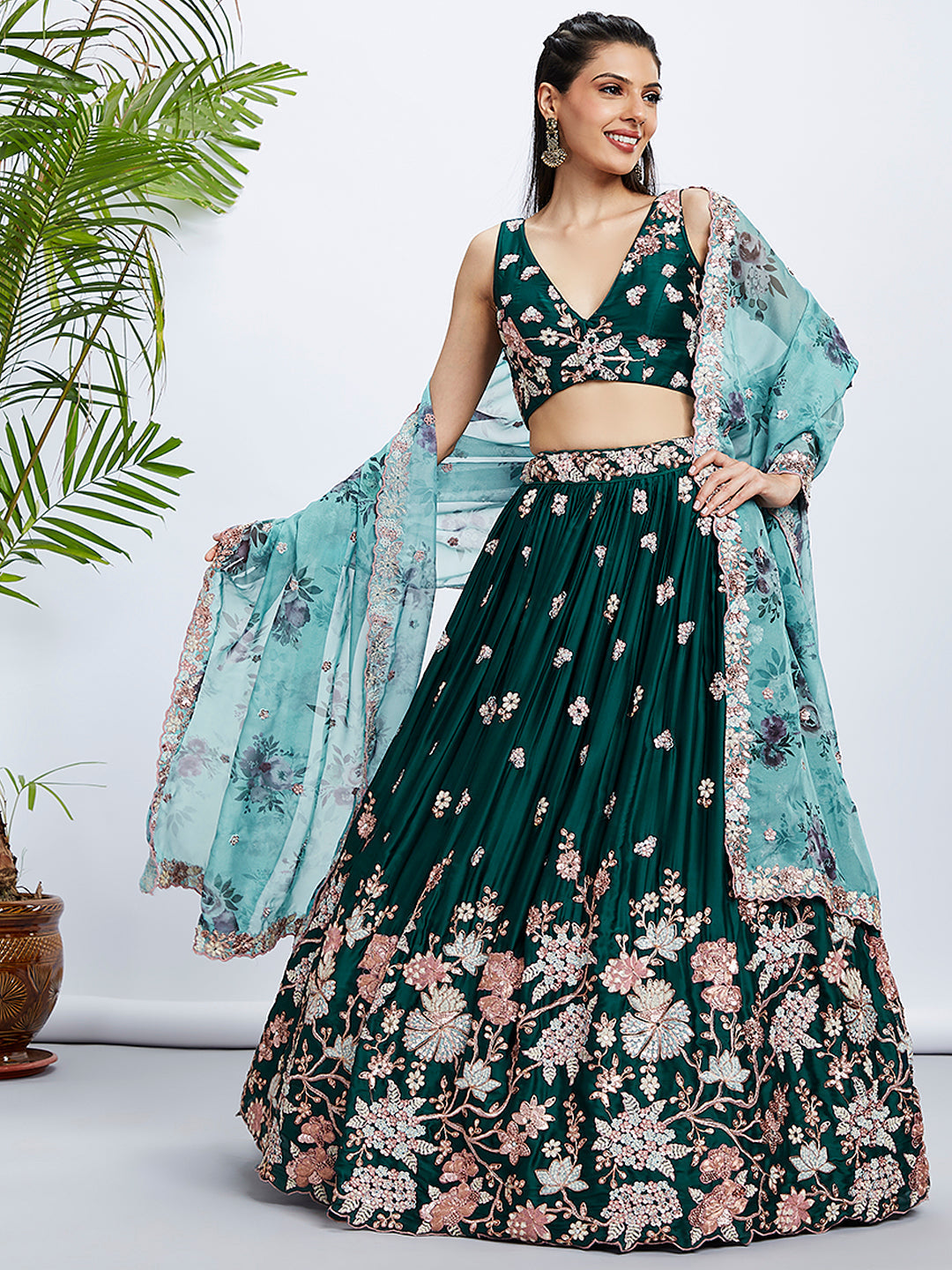 Women's Green Pure Georgette Sequins And Thread Embroidery  Lehenga Choli & Dupatta - Royal Dwells