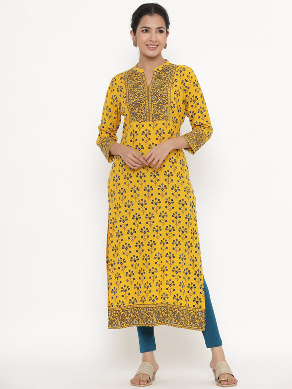 Women's Self Desgin Rayon Fabric Straight Kurta Mustard Color - Kipek