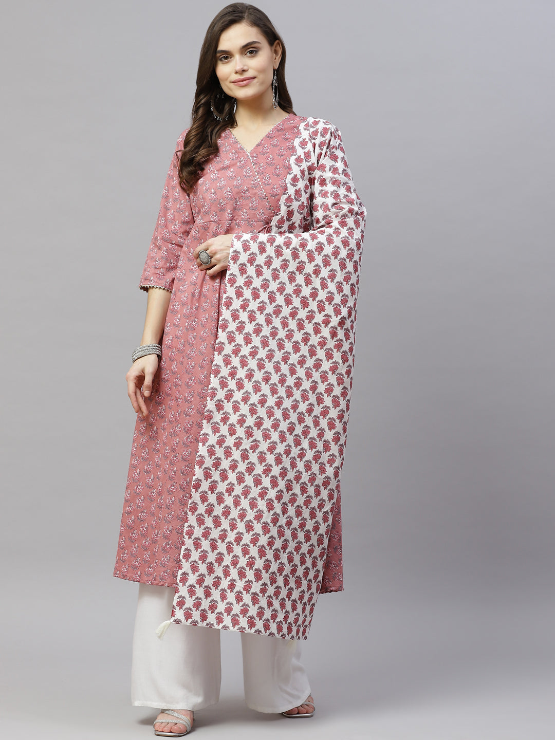 Women's Cotton Floral Print Anarkali Kurta With Dupatta - Miravan