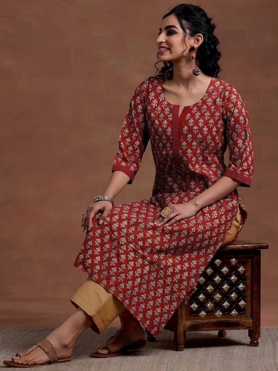 Maroon Printed Cotton Straight Kurta - Jashvi