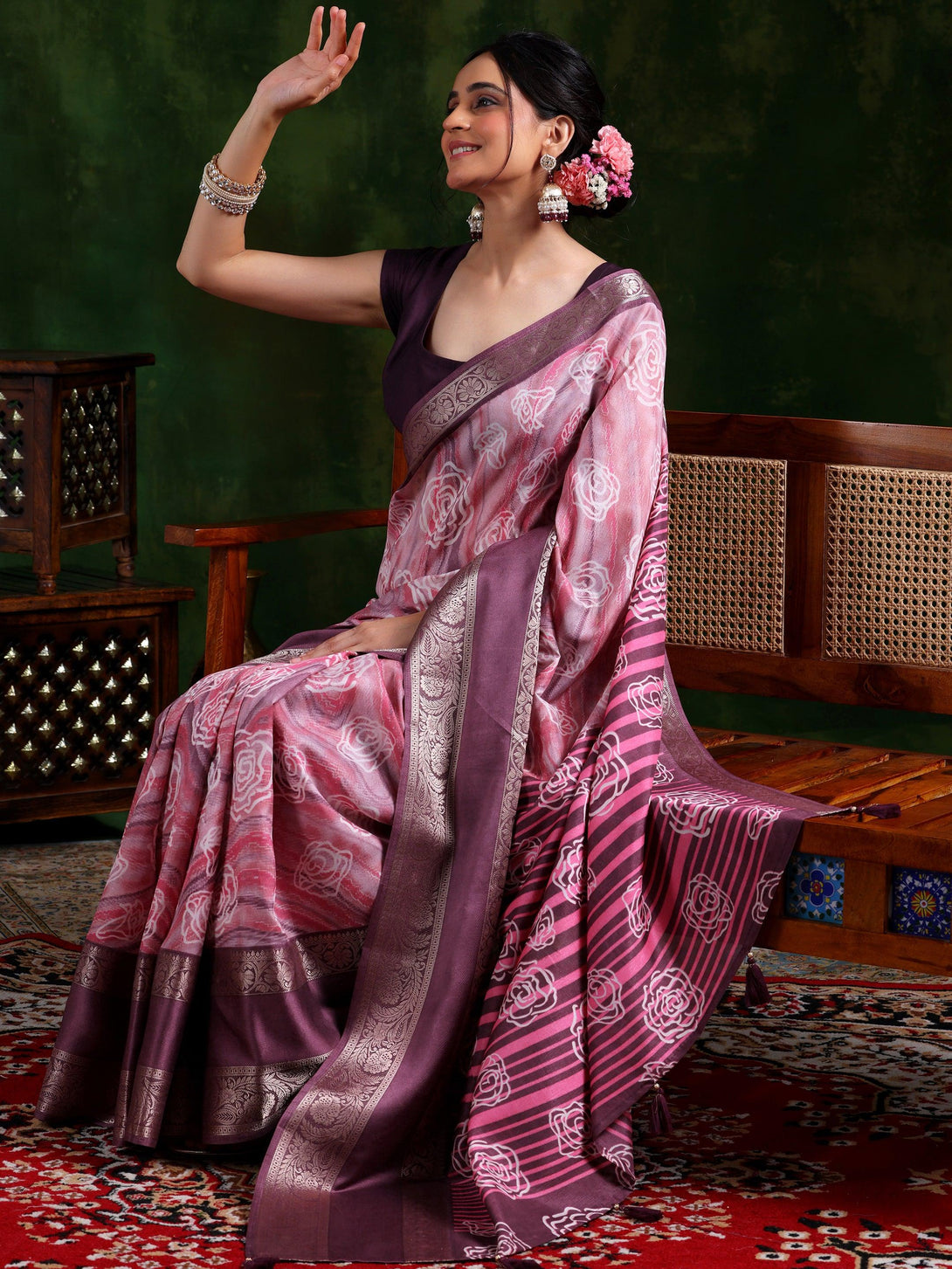 Mauve Printed Silk Blend Saree With Unstitched Blouse Piece - Jashvi