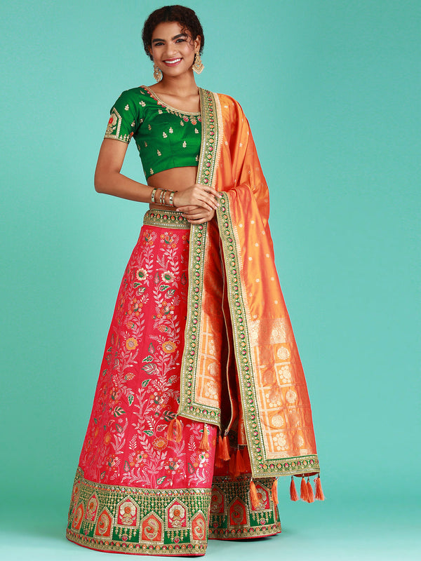 Women's Rose Poly Silk Jacquard Woven Work Lehenga & Blouse With Dupatta - Royal Dwells