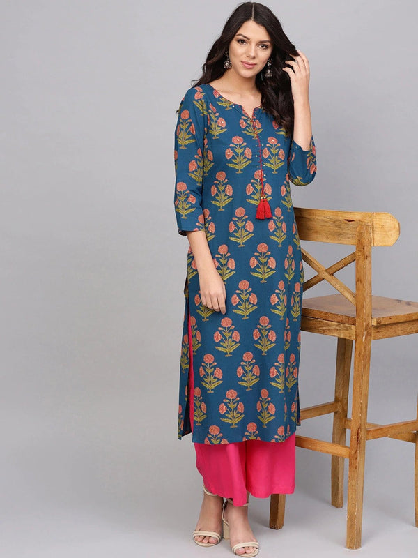 Women's Blue & Peach-Coloured Printed Straight Kurta - Varanga