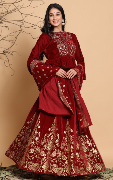 Women's Maroon Velvet Emboss Print Lehenga Choli Dupatta Set - Juniper