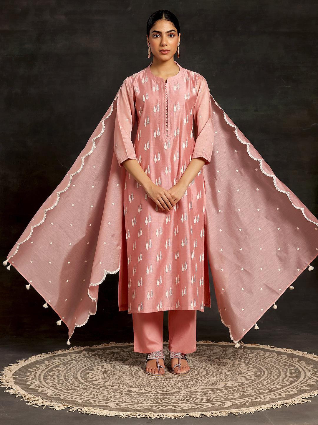 Peach Embroidered Chanderi Silk Straight Suit With Dupatta - Jashvi