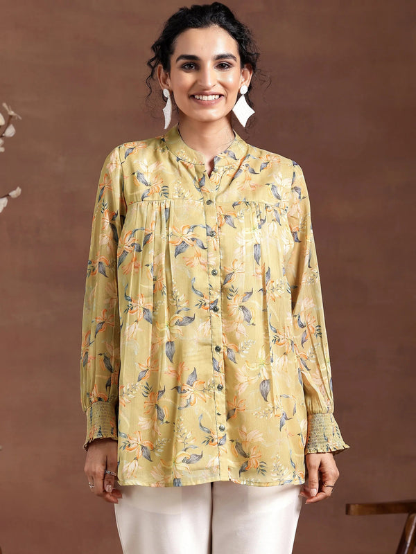 Mustard Printed Chiffon A-Line Kurti