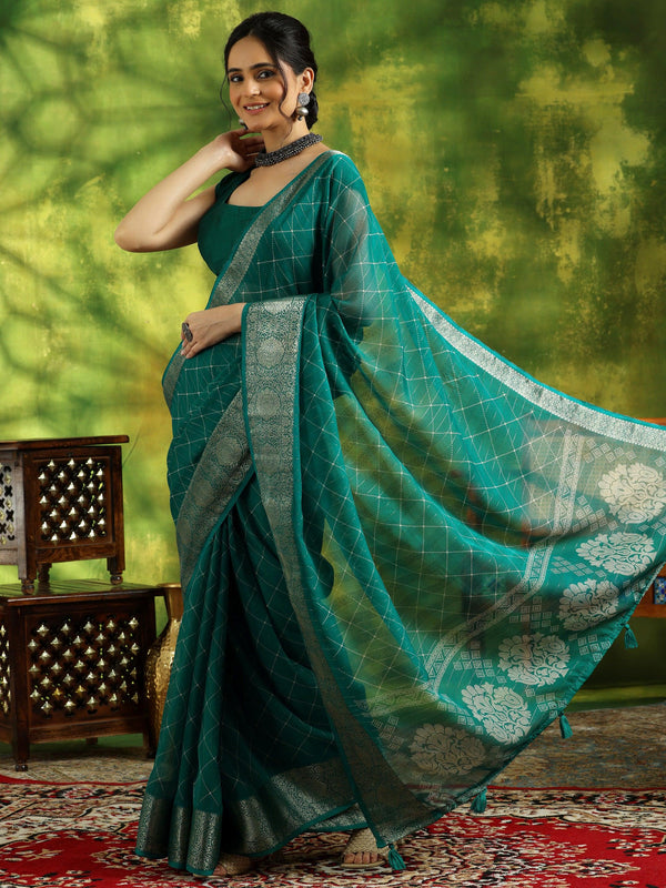 Rama Green Printed Silk Blend Saree With Unstitched Blouse Piece - Jashvi