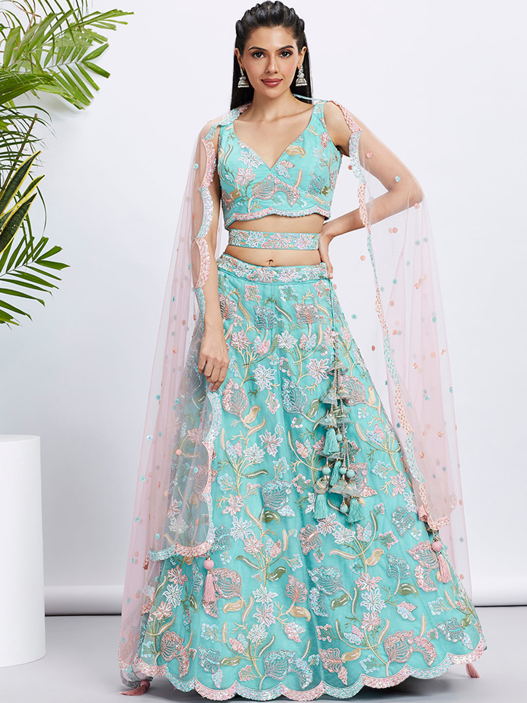 Women's Blue Chiffon Sequins And Thread Embroidery  Lehenga Choli & Printed Dupatta - Royal Dwells