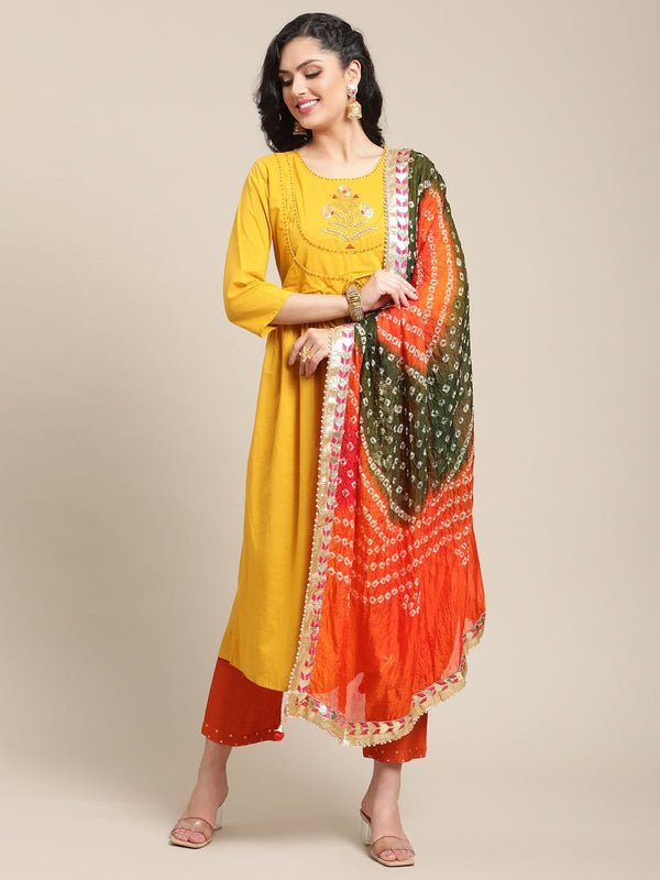 Women's Mustard Sequins Embroidery Anarkali Kurta With Rust And Olive Bandhej Silk Dupatta - Varanga