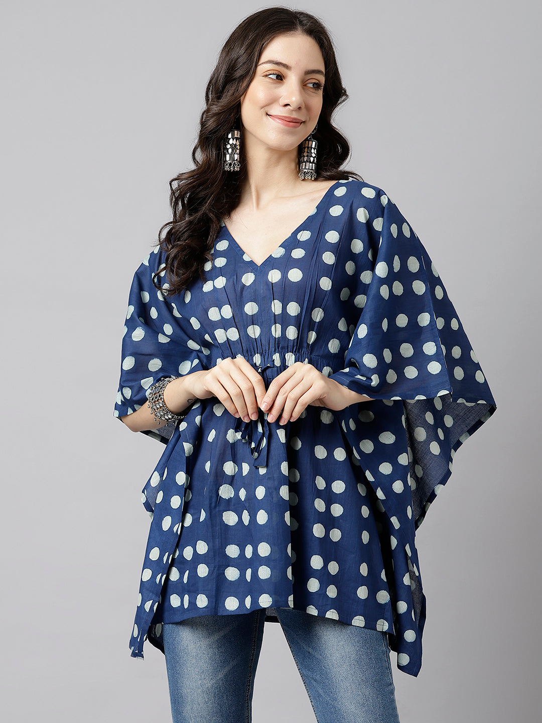 Women's Indigo Printed Cotton Kaftan Top - Deckedup