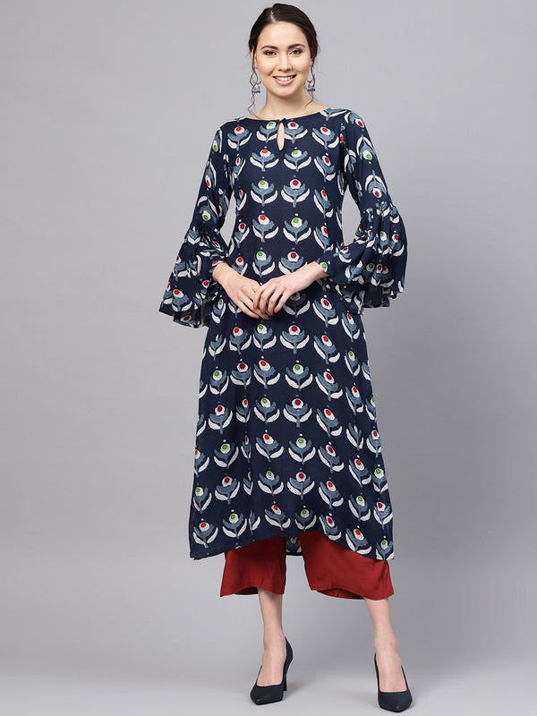 Women's Dark Blue Rayon Printed Balloon Sleeve Round Neck Casual Kurta Only - Myshka