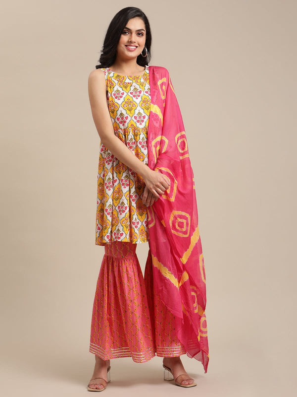 Women's Mustard Floral Printed Short Kurta With Sharara And Chiffon Dupatta - Varanga