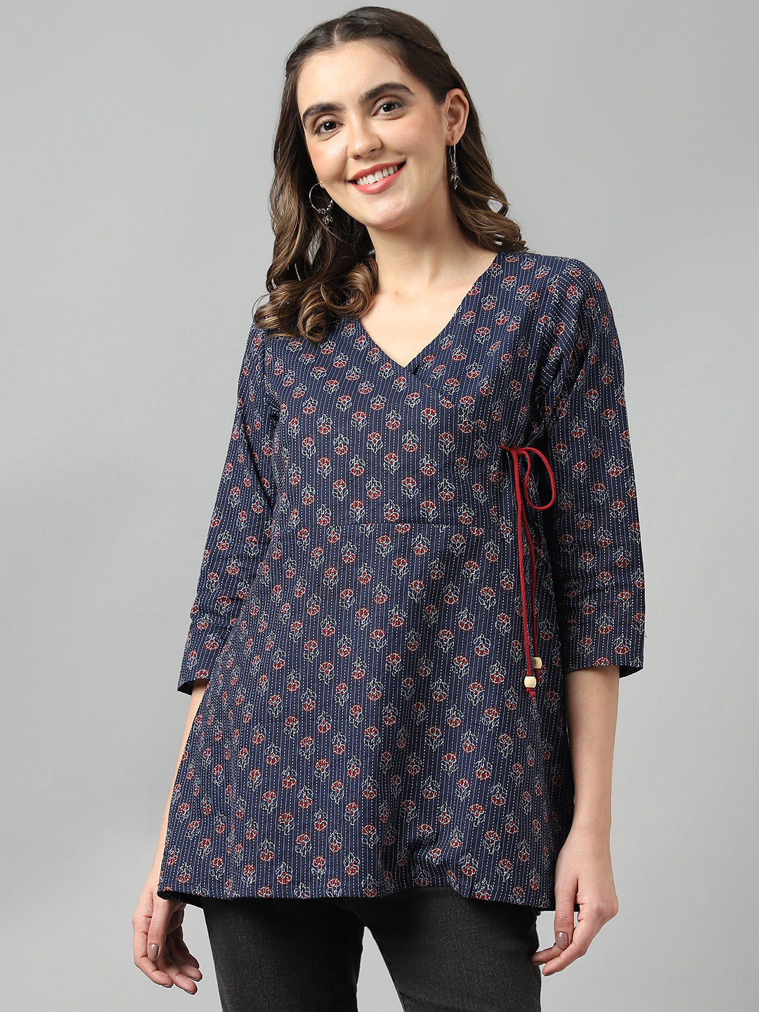 Women's Blue Cotton Printed Angrakha Kantha Top  - Deckedup