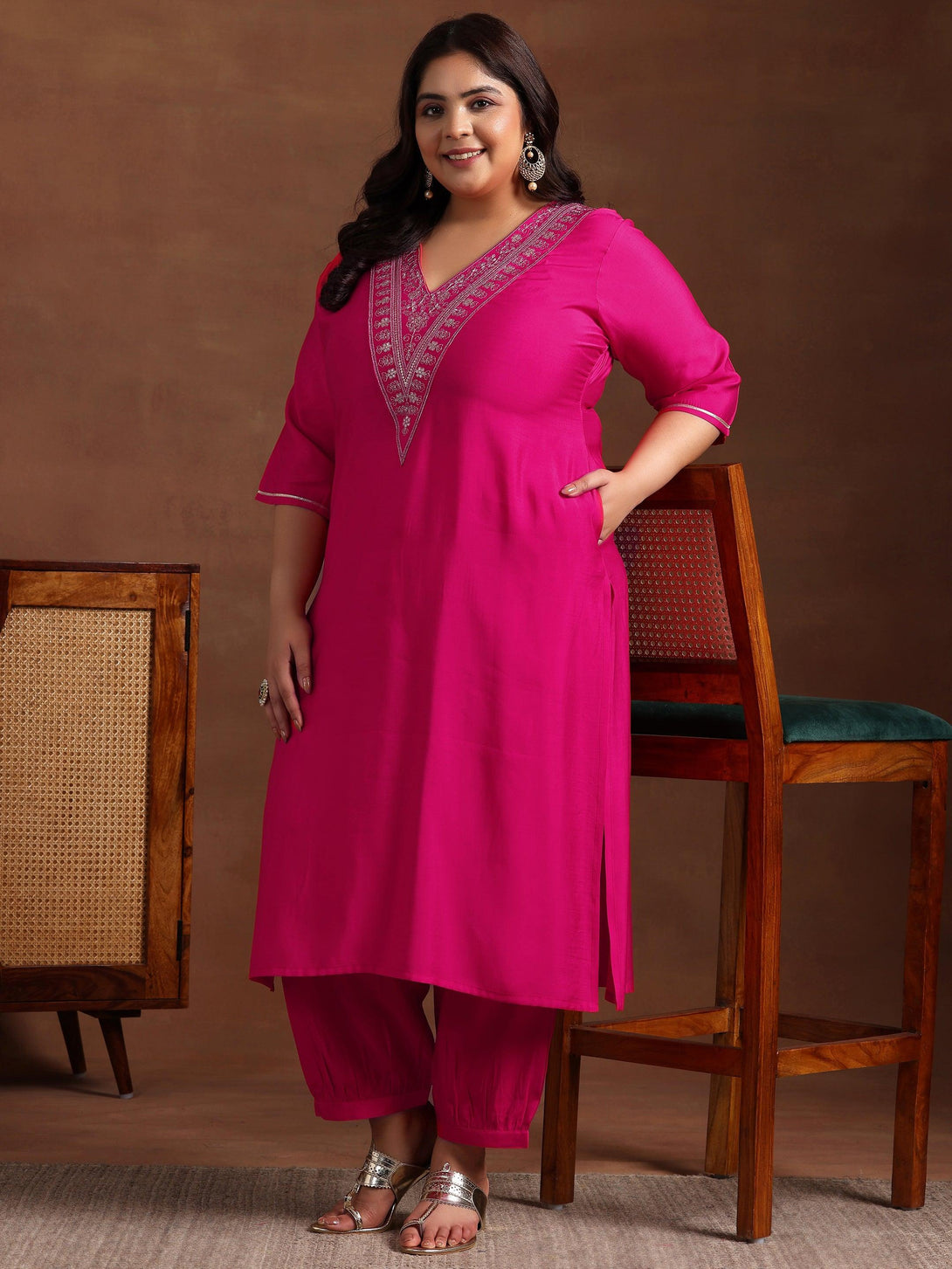 Plus Size Pink Yoke Design Silk Blend Straight Kurta Set - Jashvi