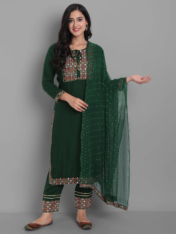 Women's Embroidred Kurta Pant And Dupatta Set (Green) - Noz2Toz