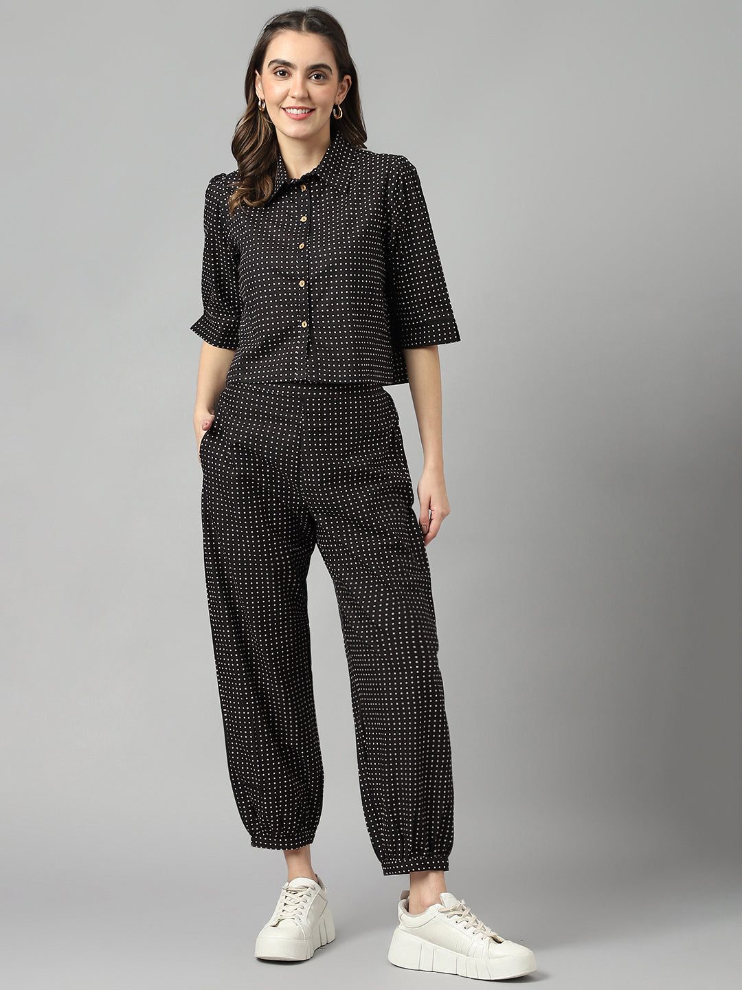 Women's Black Polka -Dot Printed Shirt And Trouser Fusion Set - Deckedup